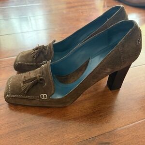 Vintage Via Spiga Suede Tasseled Loafer Heels Brown Women's Size 9M Italy